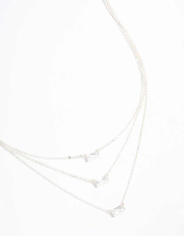 Silver Plated Cubic Zirconia Baguette Layered Necklace