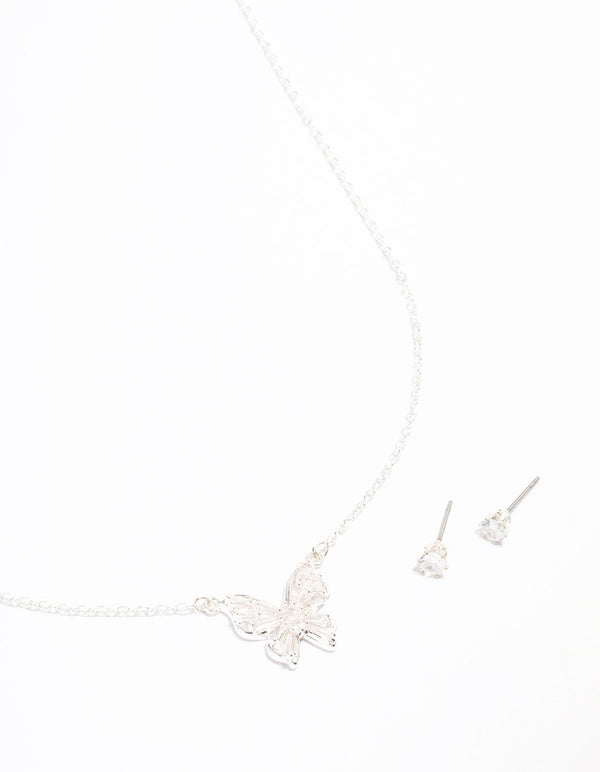 Silver Plated Butterfly Cubic Zirconia Necklace & Earrings Set