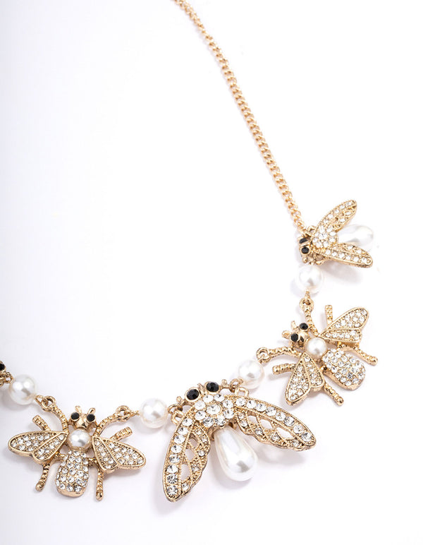 Antique Gold Bee Pearl & Diamante Short Necklace