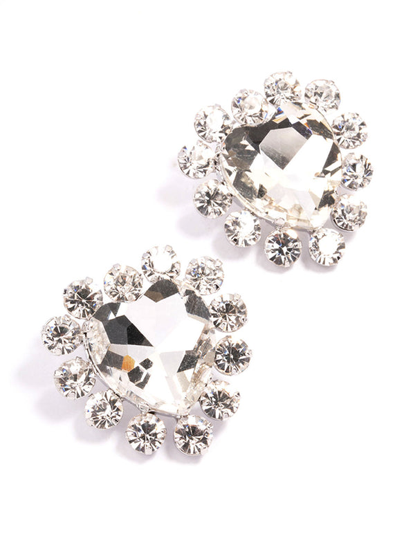 Rhodium Multi Diamante Heart Stud Earrings