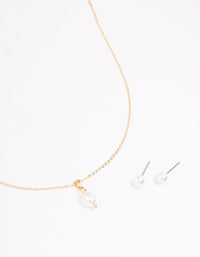 Gold Pearl Stud Earring & Necklace Set - link has visual effect only