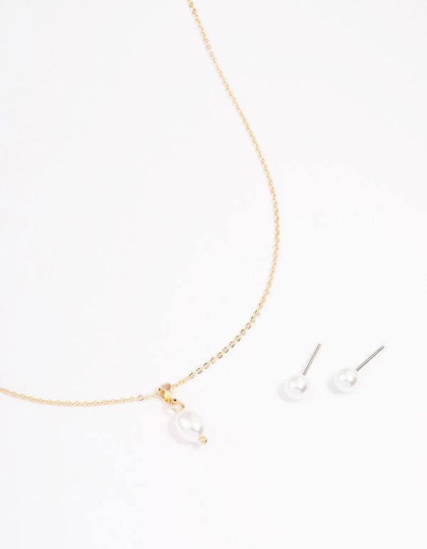 Gold Pearl Stud Earring & Necklace Set Lovisa