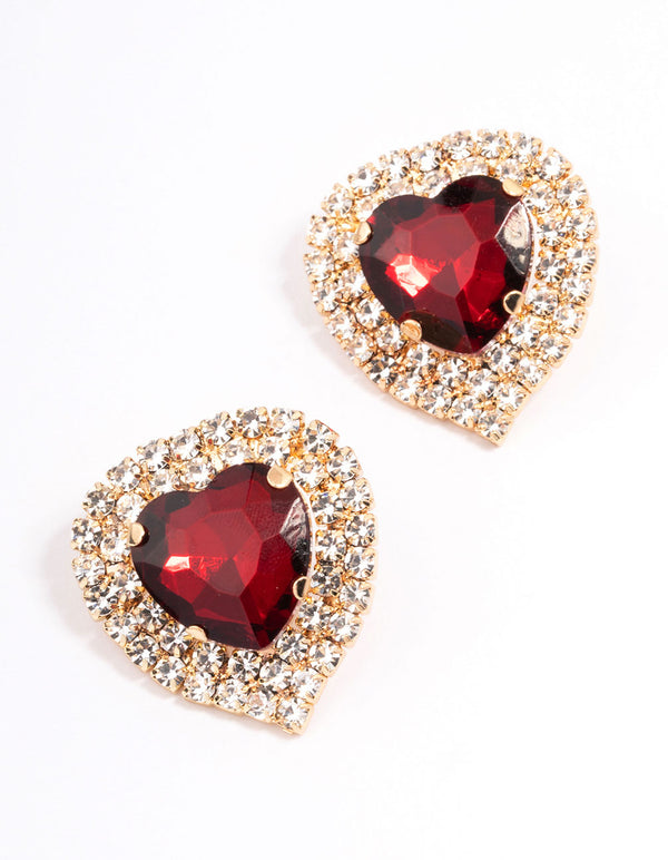 Red Diamante Heart Stone Stud Earrings
