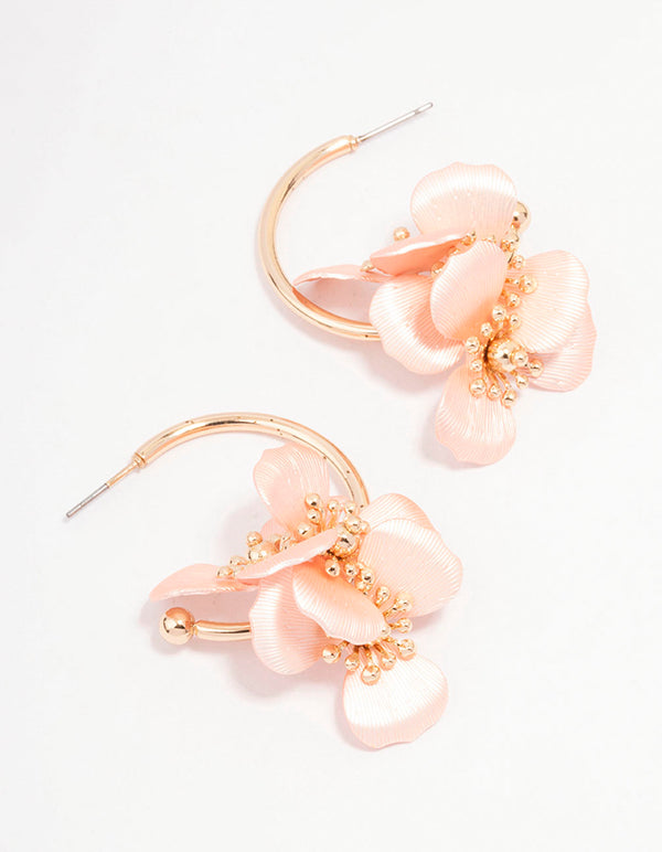 Gold Smooth Hoop Flower Huggie Earrings