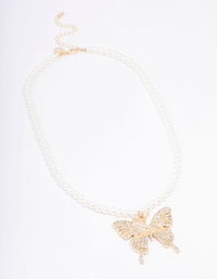 Gold Pearl & Butterfly Diamante Pendant Necklace - link has visual effect only