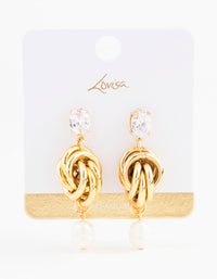 Gold Plated Cubic Zirconia & Freshwater Pearl Knotted Drop Earrings - link has visual effect only