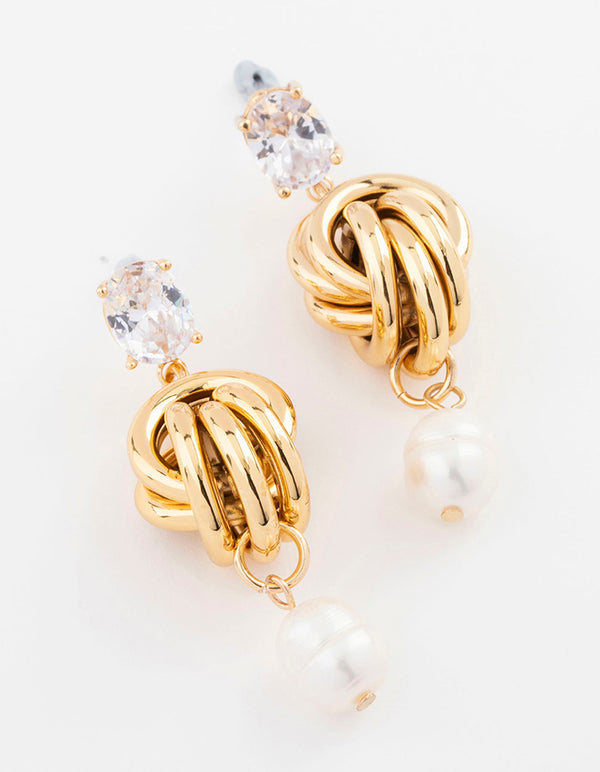 Gold Plated Cubic Zirconia & Freshwater Pearl Knotted Drop Earrings