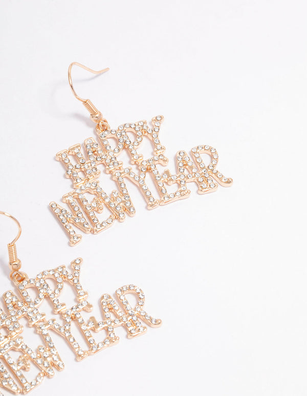 Gold Happy New Year Diamante Drop Earrings
