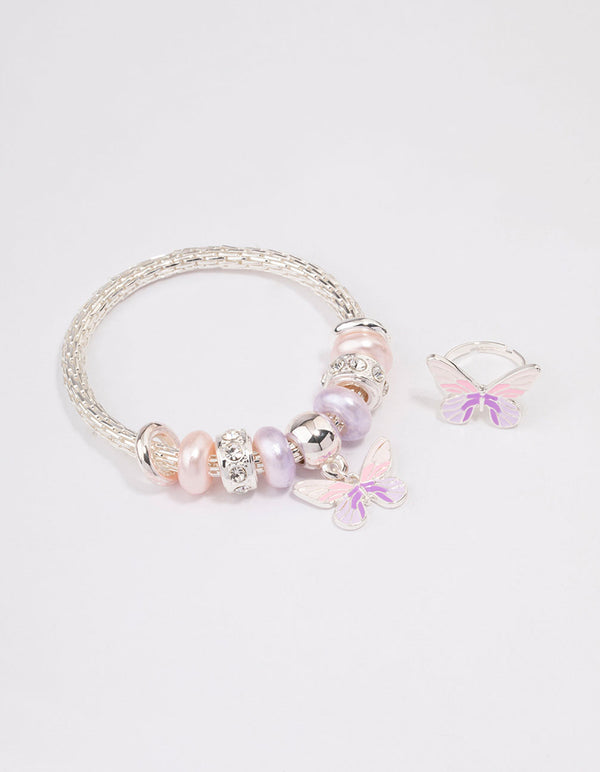 Kids Silver Stretch Glitter Butterfly Bracelet & Ring Set