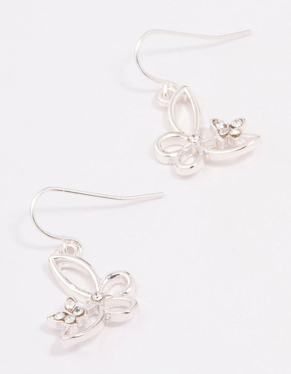 Silver Diamante Cut Butterfly Drop Earrings