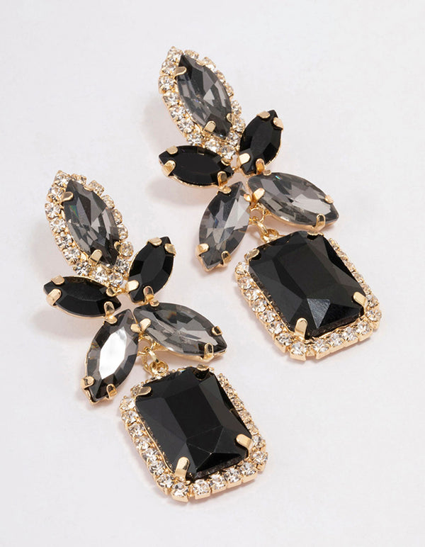 Gold Mixed Oval Stone Black Square Drop Earrings