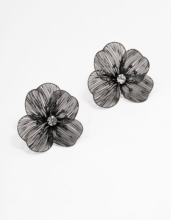 Black Diamante Flower Stud Earrings