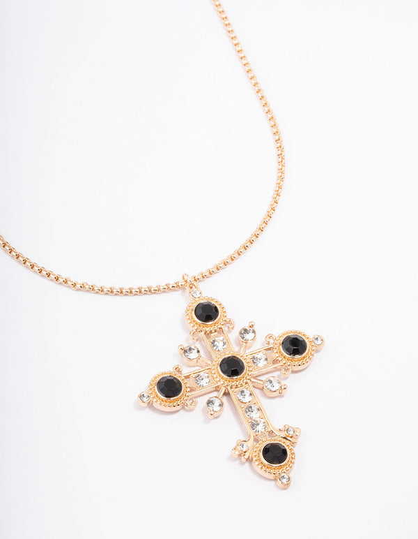 Black Diamante Statement Long Cross Pendant Necklace