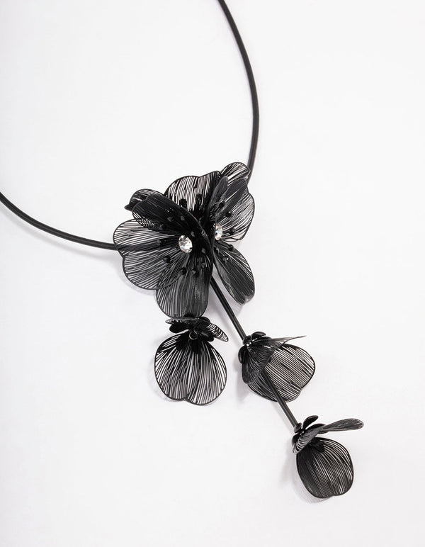 Black Flower Drop Y-Shape Necklace