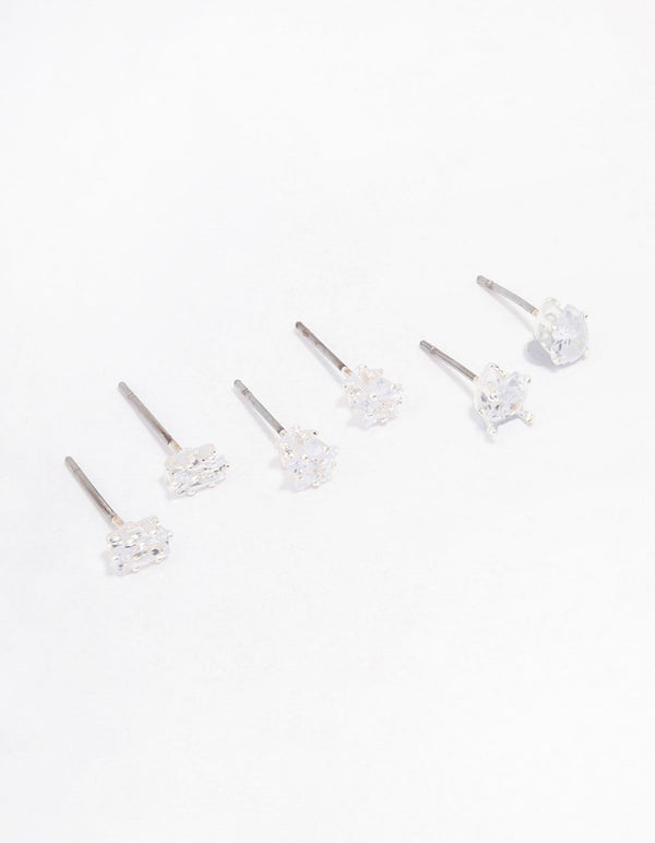 Silver Cubic Zirconia Mixed Shape Stud Earrings 3-Pack