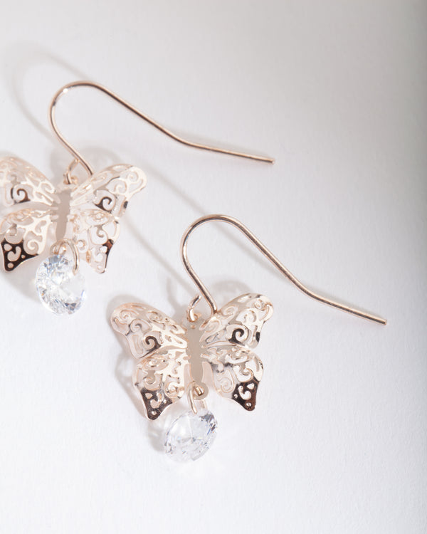 Rose Gold Cubic Zirconia Butterfly Earrings