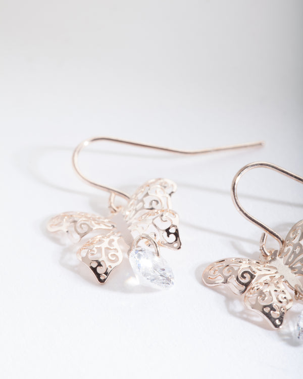 Rose Gold Cubic Zirconia Butterfly Earrings