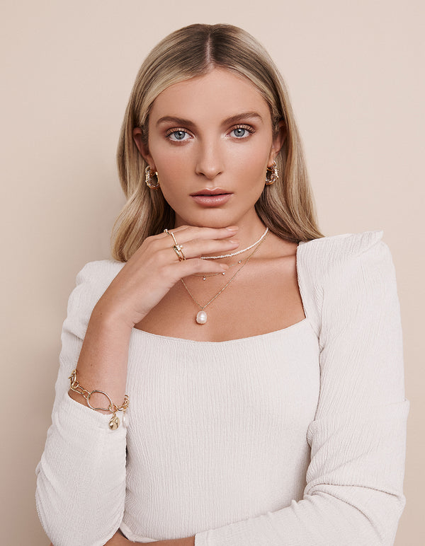 Gold Plated Textured Ball Freshwater Pearl Hoop Earrings