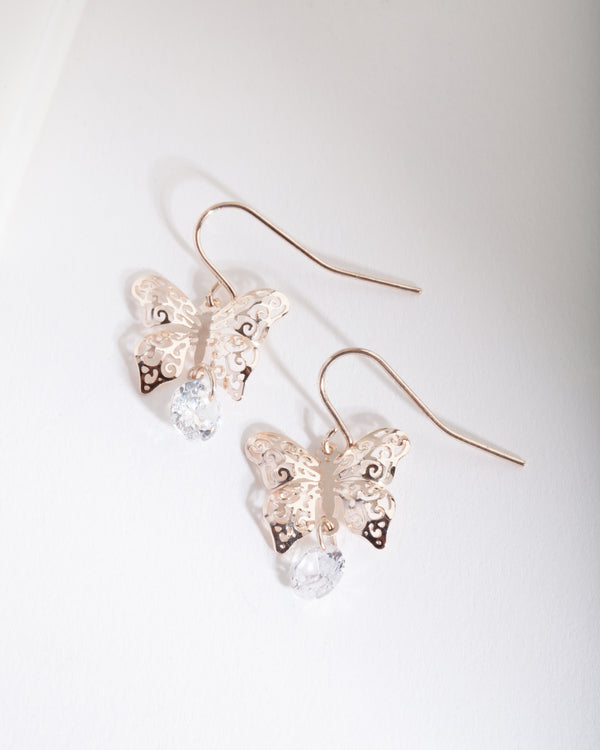 Rose Gold Cubic Zirconia Butterfly Earrings